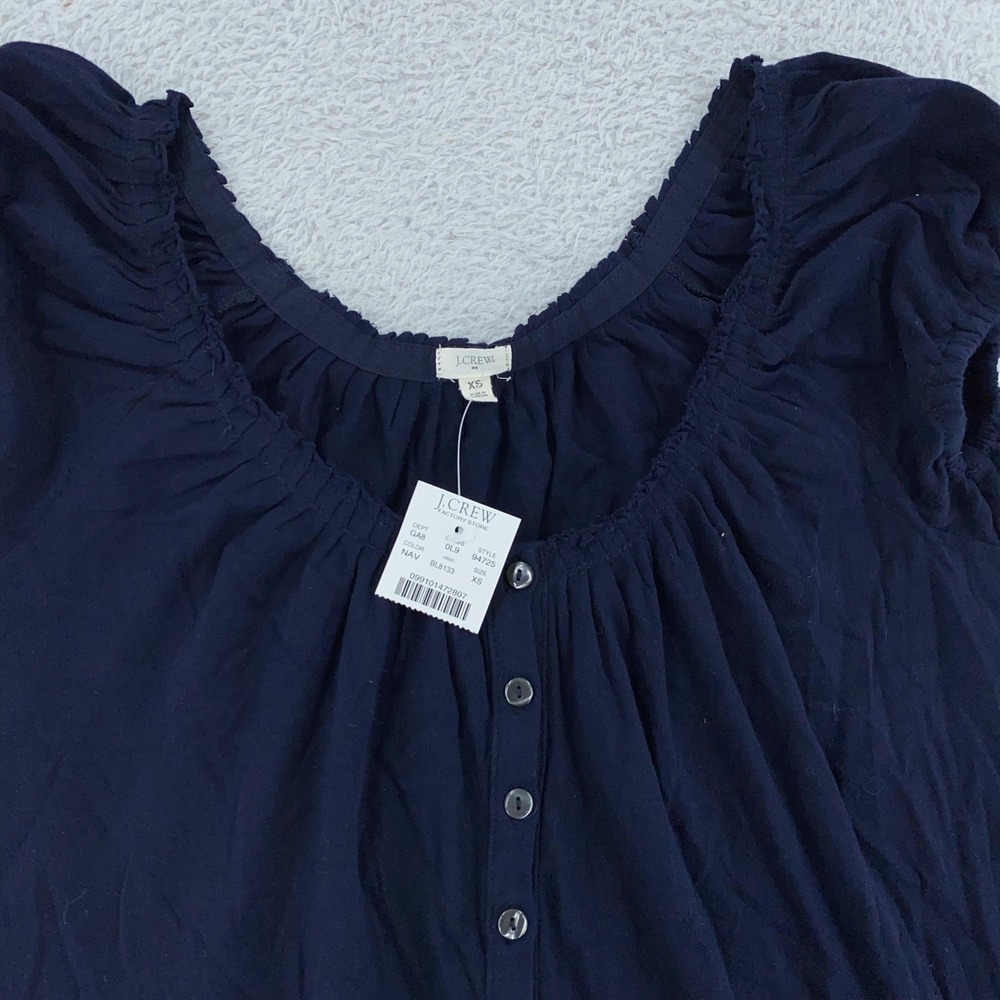 J. Crew Shirt Womens XS Navy Blue Button Front Ruffle Short Sleeve 100% Cotton
